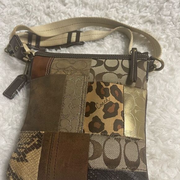 COACH Brown/Gold Metallic Signature Patchwork crossbody bag. - Picture 12 of 15